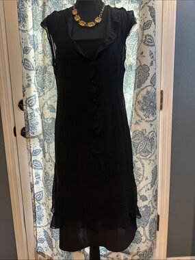 Black Midi Dress - Elegant Silk Layered Button-Front